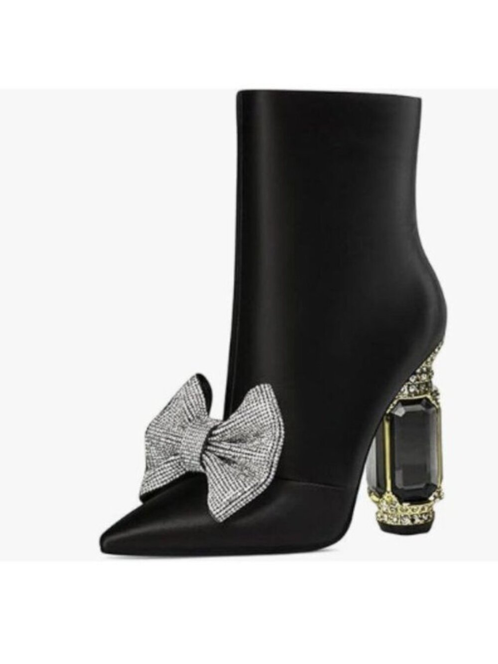 FSJ Women Chic Pointed Toe Crystal Chunky Block High Heel Ankle Boots Black